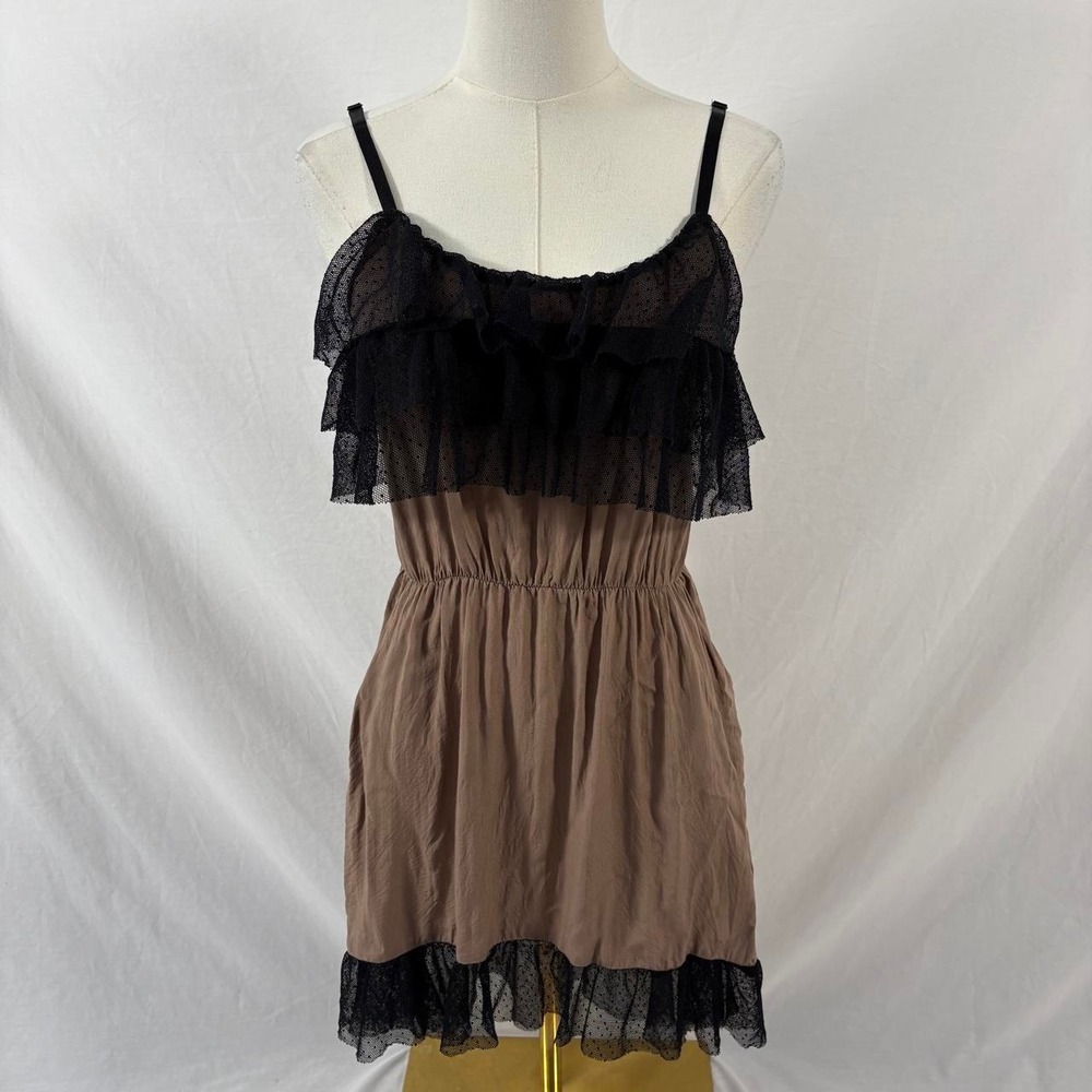 Solemio brown mini dress black mesh trim size small grunge dark fairy y2k